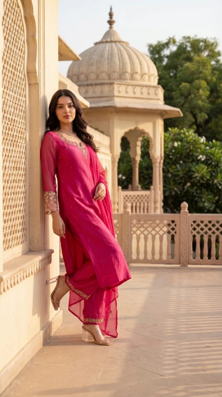 Adevira Ethnic Motifs Embroidered Kurta with Palazzos & Dupatta