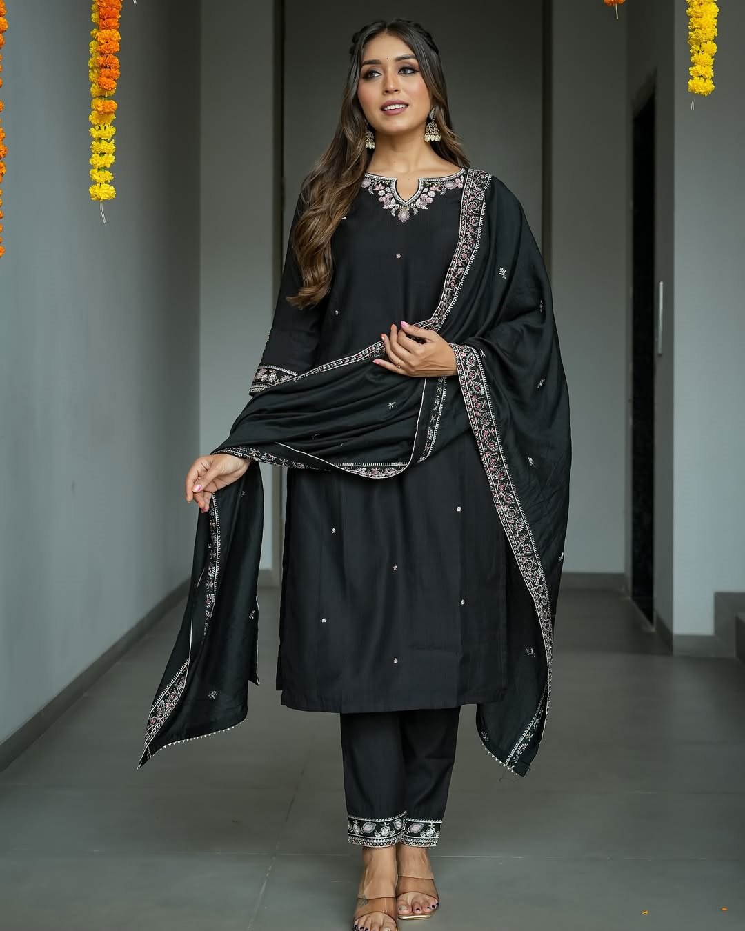Adevira Ethnic Motifs Embroidered Black Suit