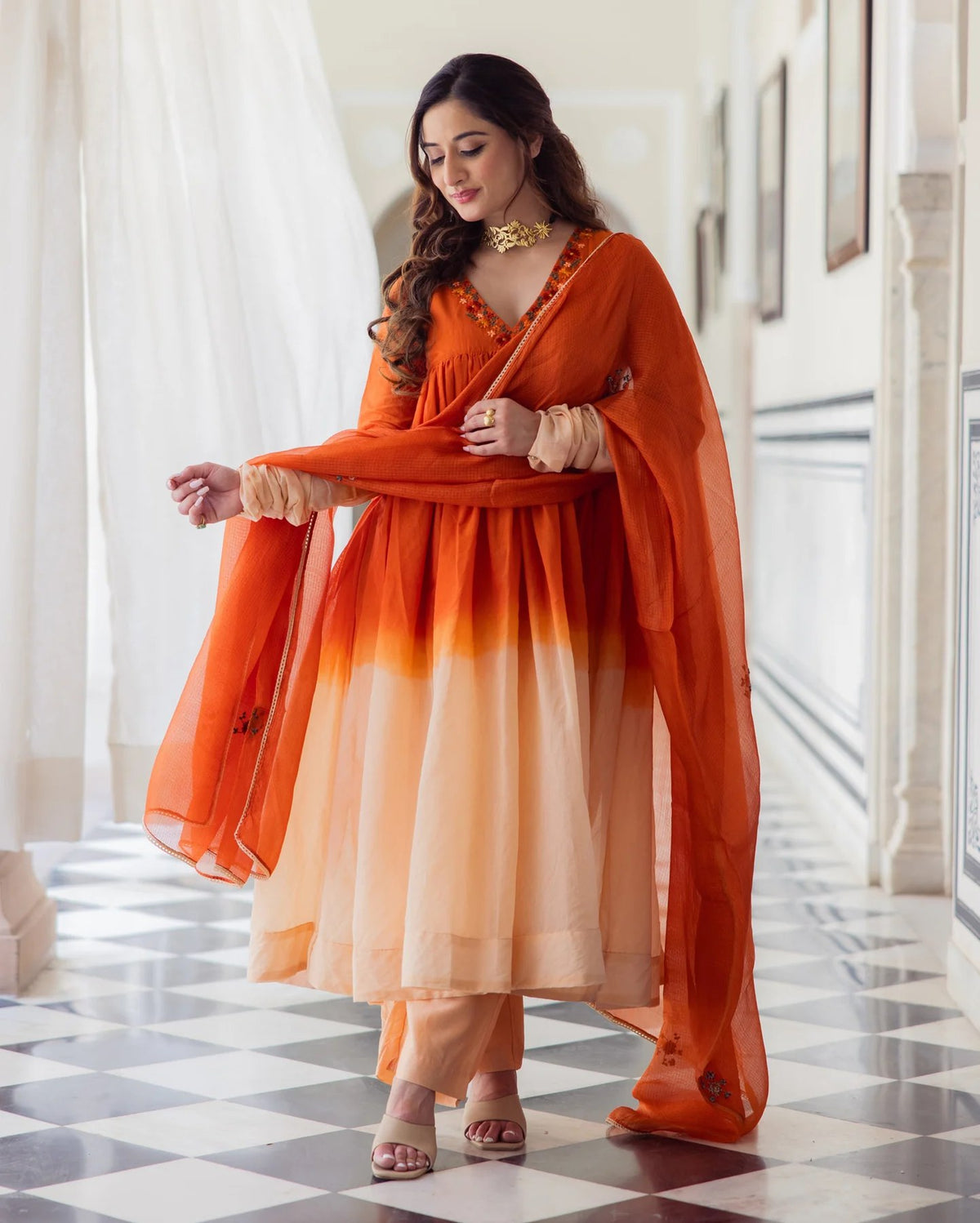 Drape Orange Ombre Embroidered Chanderi Suit Set