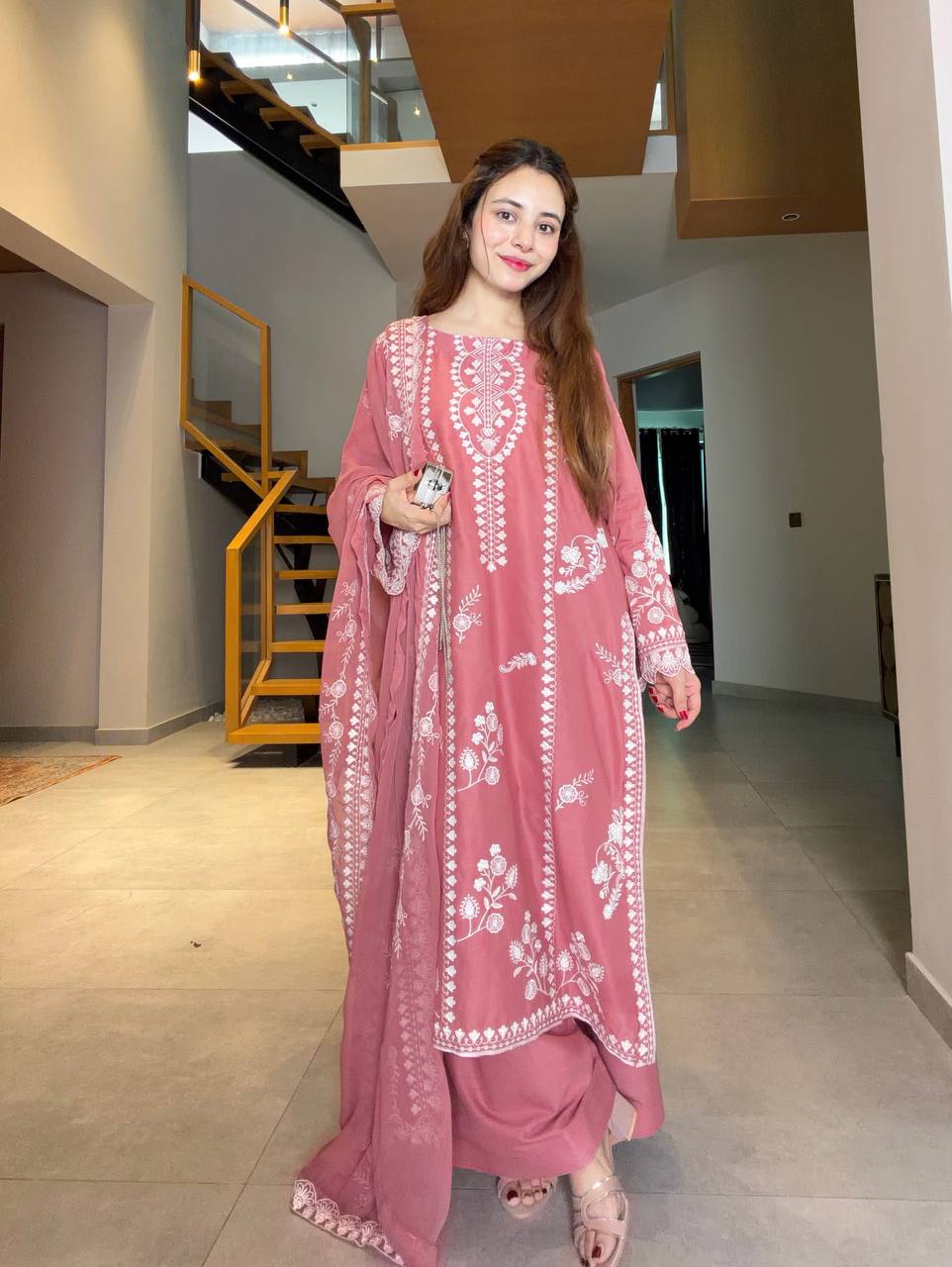 Onion Pink Embroidery Mul Chanderi Pakistani Suit