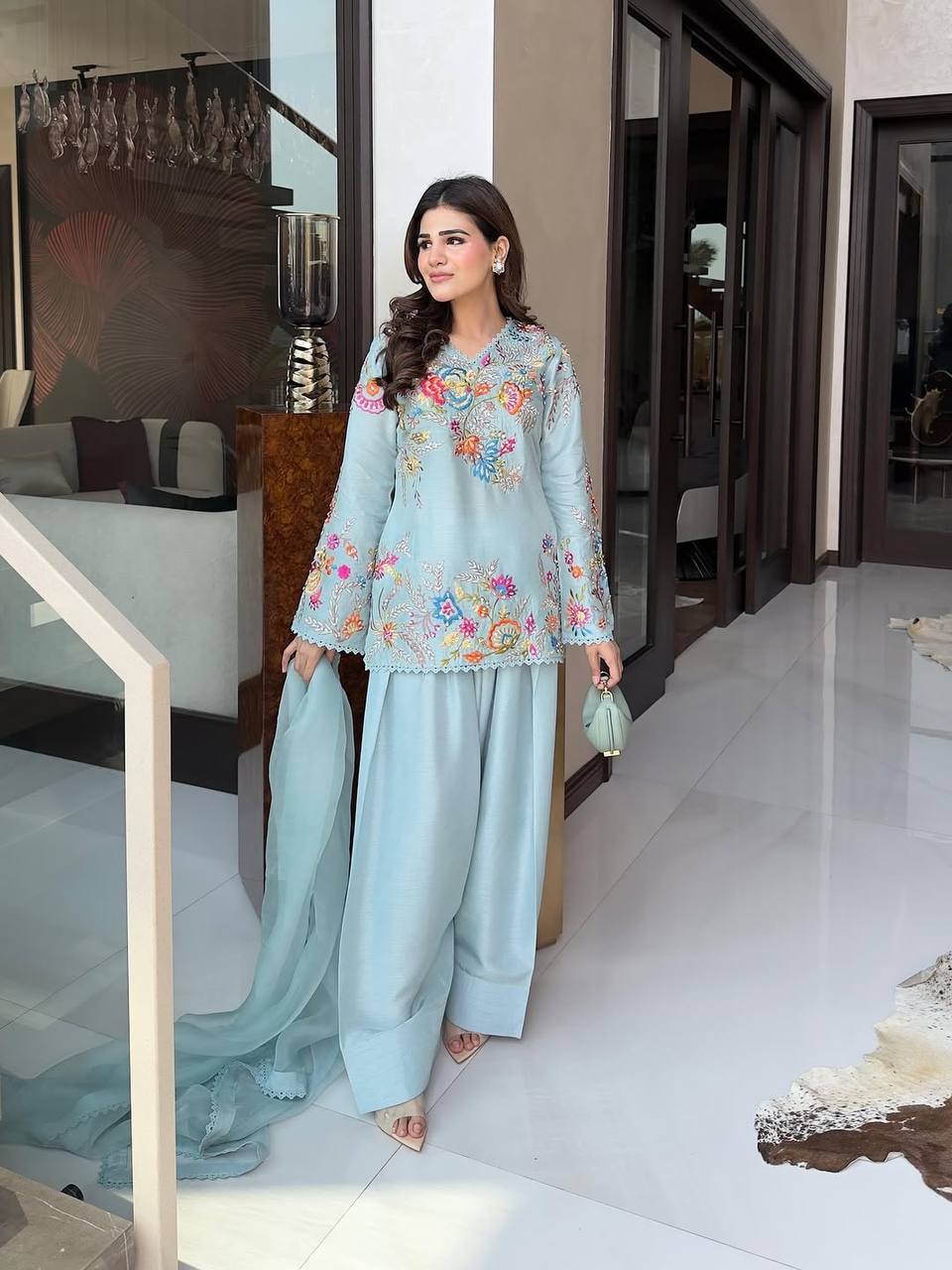 Embroidered Crepe Silk Suit in Sky Blue