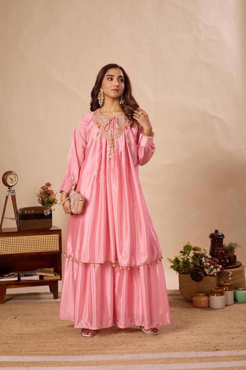 Peach Pure Chinon Kurti Sharara Set with Sequin Embroidery Work