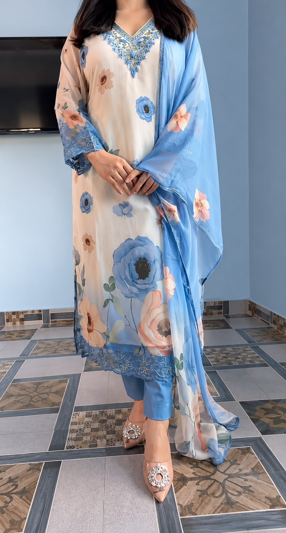 Eye catching White Blue Chiffon 3 Piece Suit Set