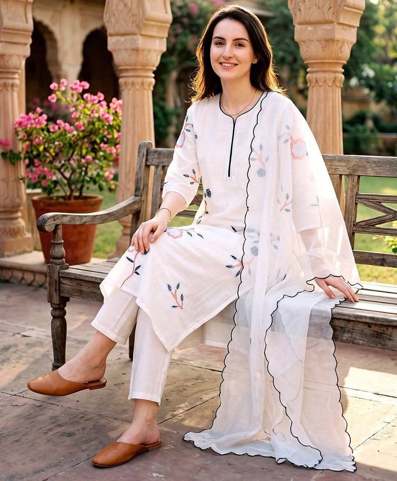White Embroidered Kurta Pant Set With Floral Dupatta