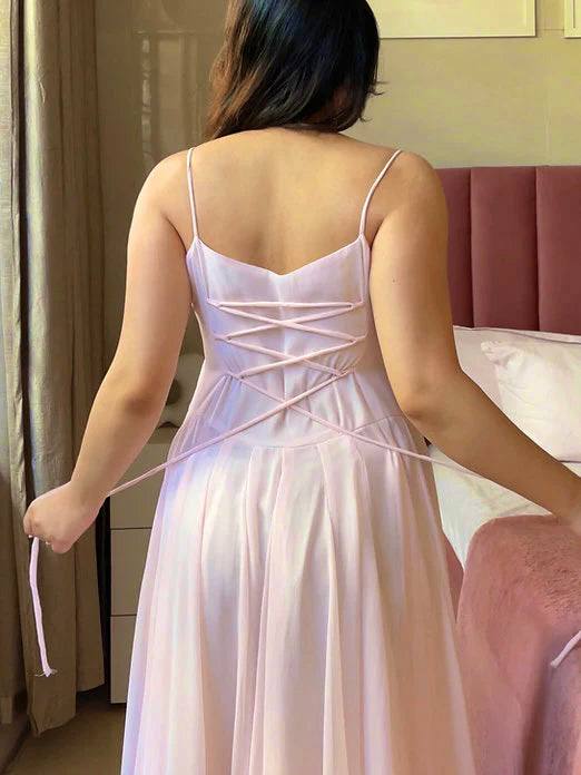 Blush Pink Flared Anarkali Gown with Elegant Square Neckline, Sheer Sleeves and Pearl