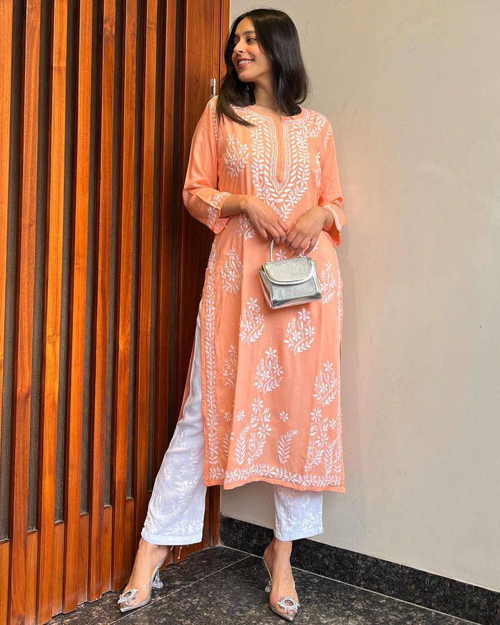 Adevira Peach Chikankari Kurta Set