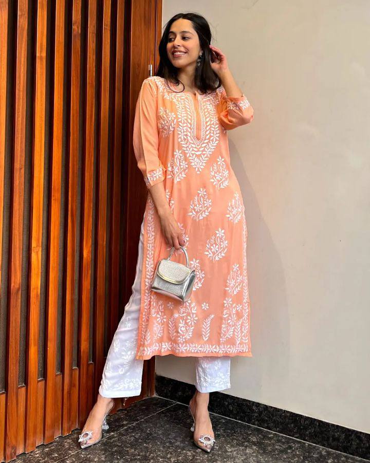 Adevira Peach Chikankari Kurta Set