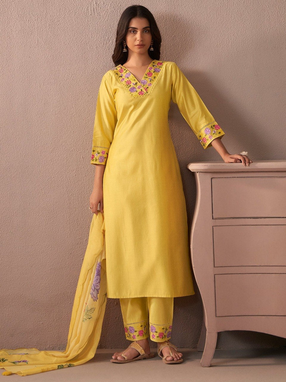 Yellow Embroidered Straight Kurta Trousers With Dupatta Set