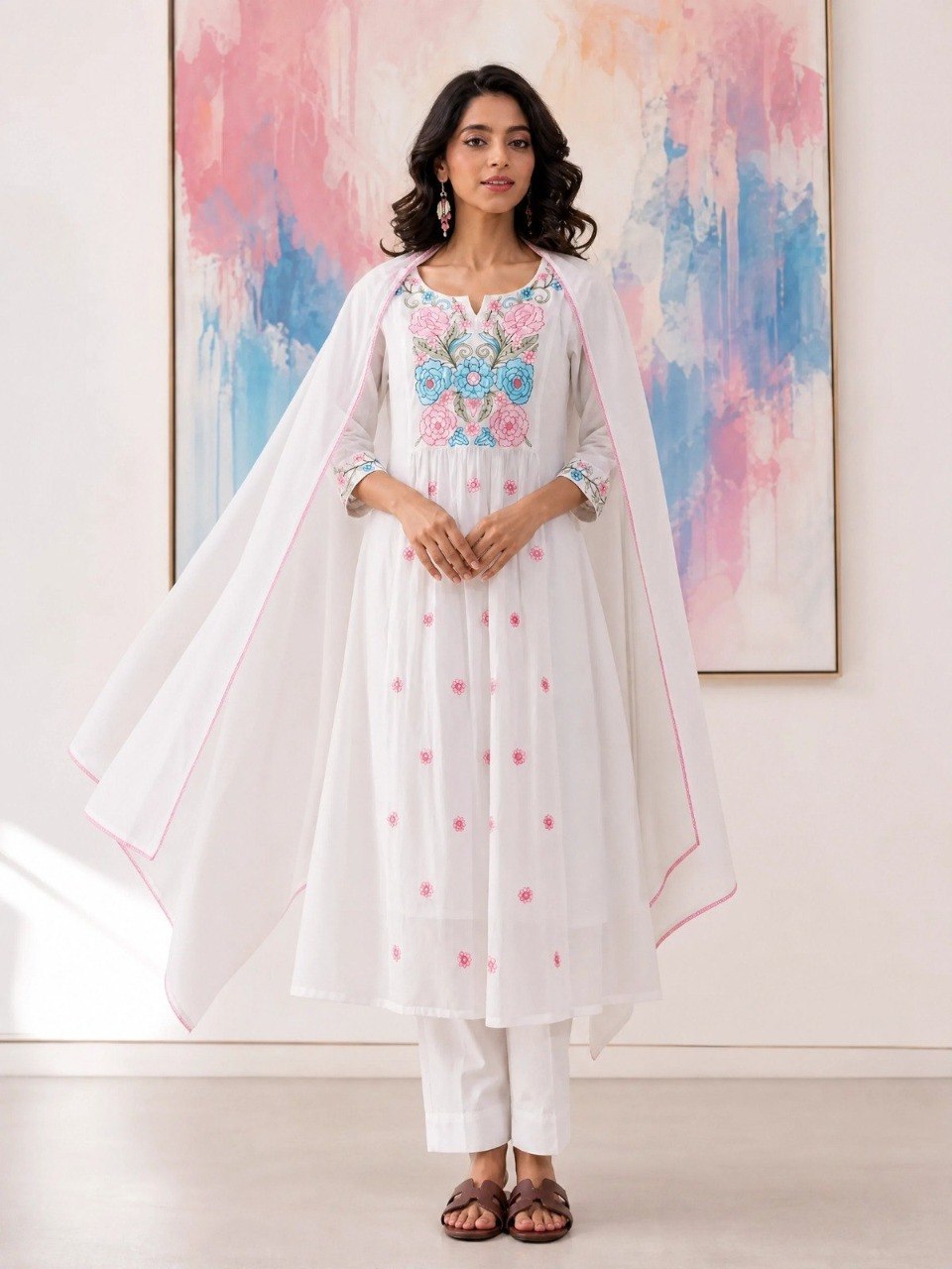 Adevira Off White Embroidered A-Line Kurta Trousers With Dupatta set