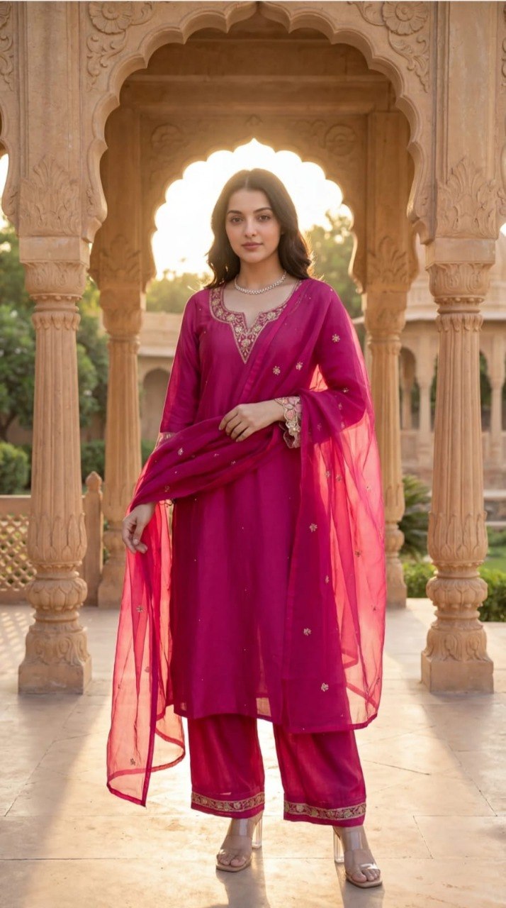 Adevira Ethnic Motifs Embroidered Kurta with Palazzos & Dupatta