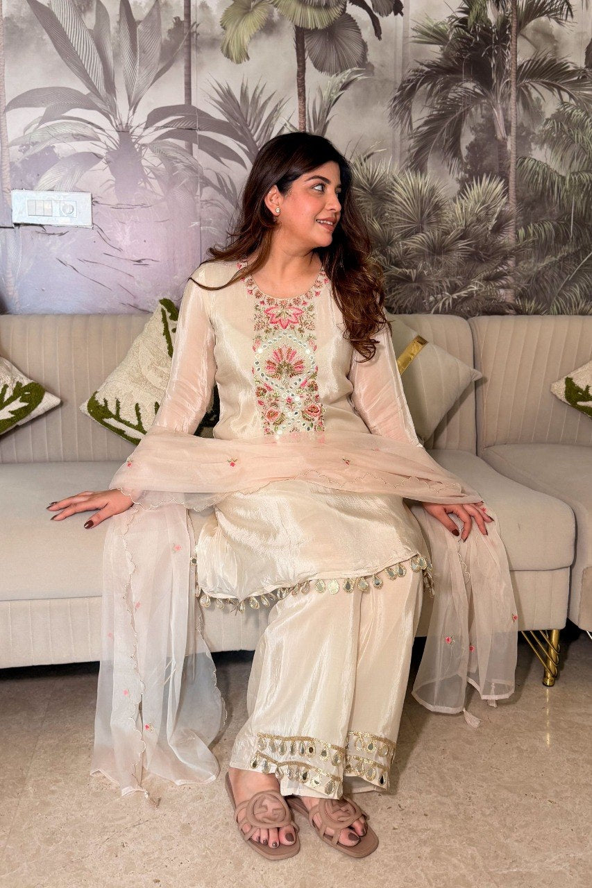 Adevira Chinon Embroidery Mirror Work Kurti With Bottom Dupatta