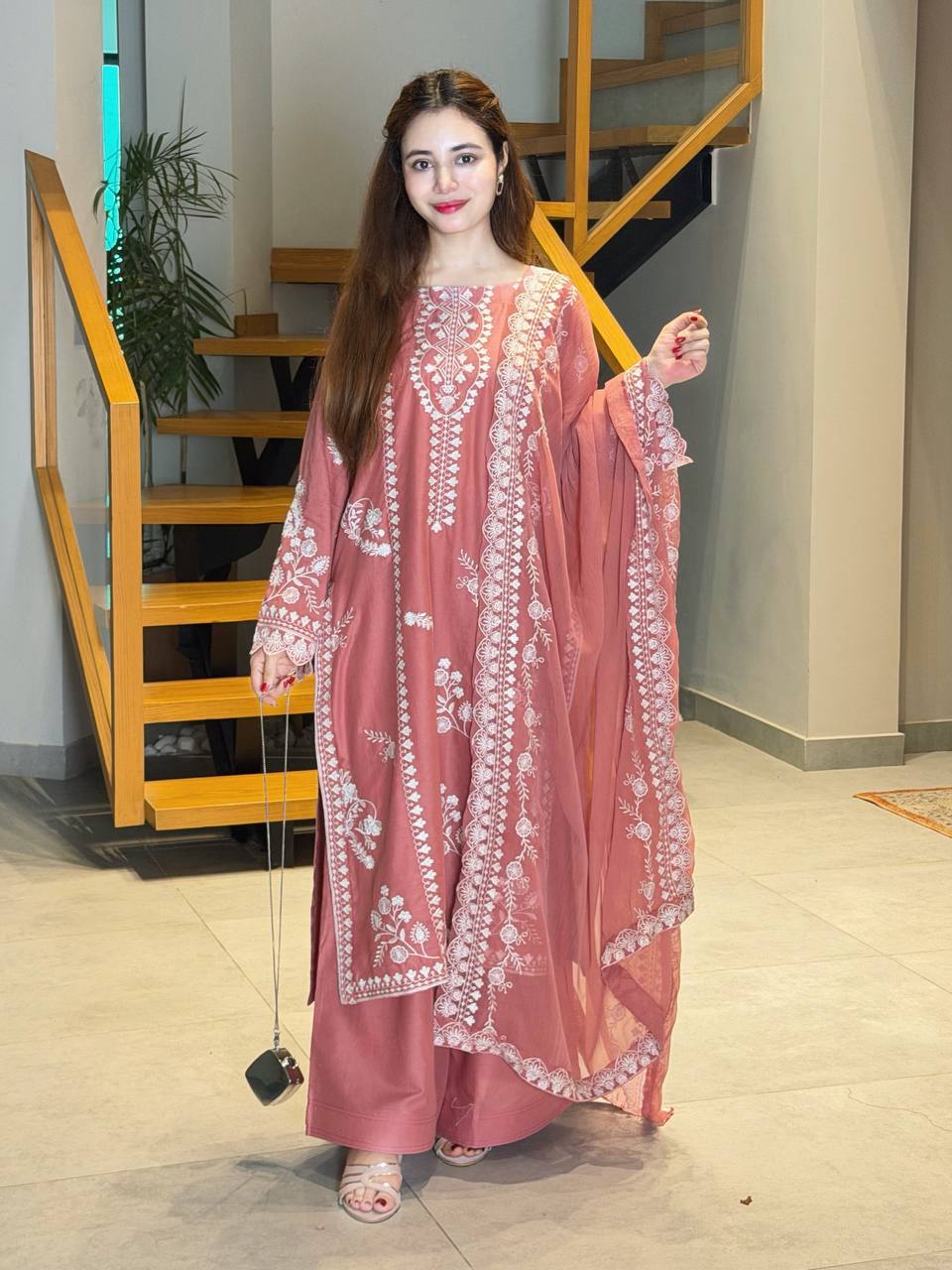 Onion Pink Embroidery Mul Chanderi Pakistani Suit