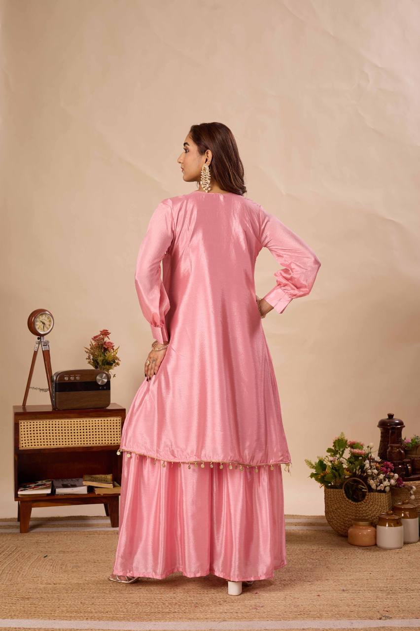 Peach Pure Chinon Kurti Sharara Set with Sequin Embroidery Work