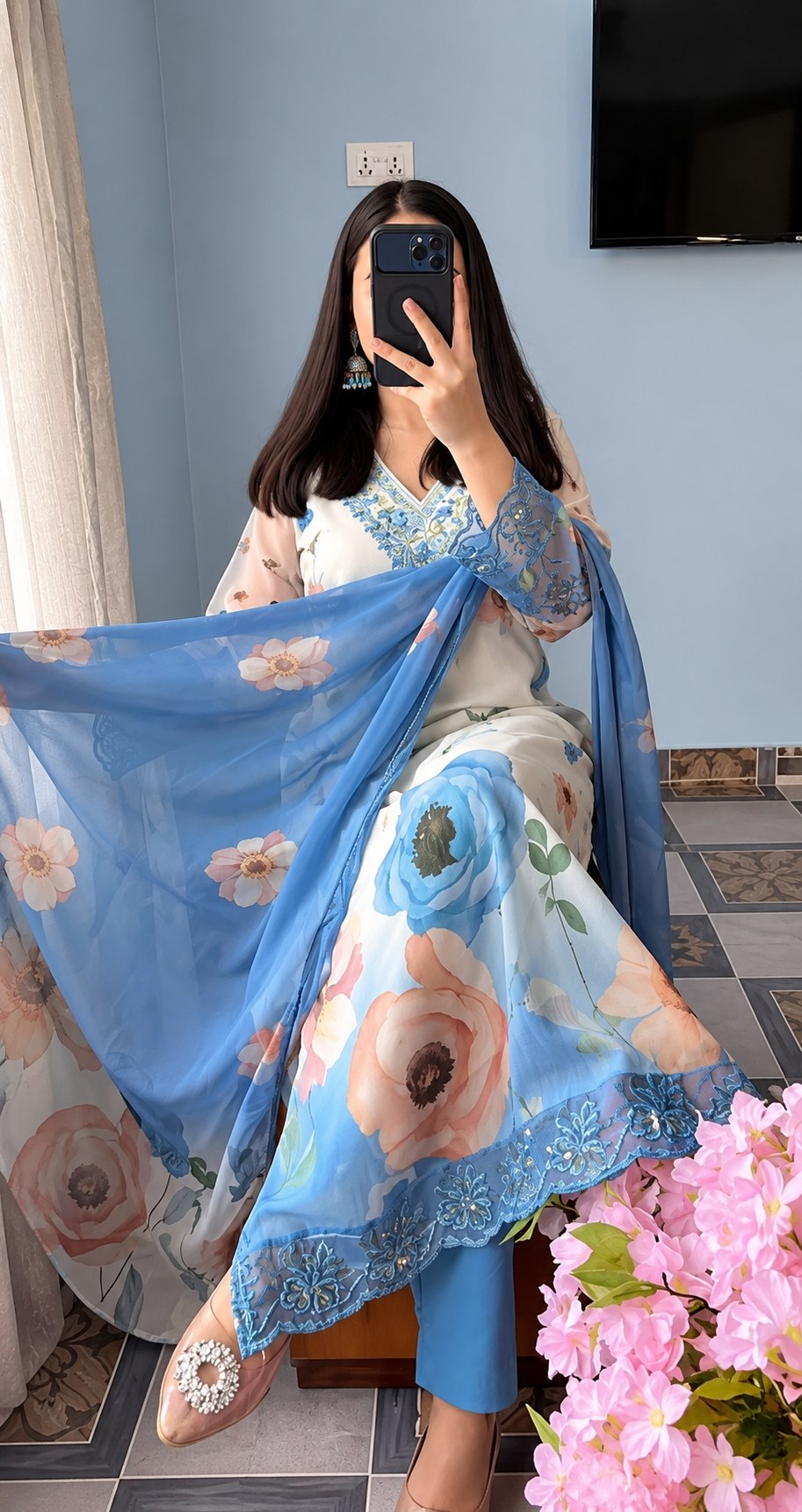 Eye catching White Blue Chiffon 3 Piece Suit Set