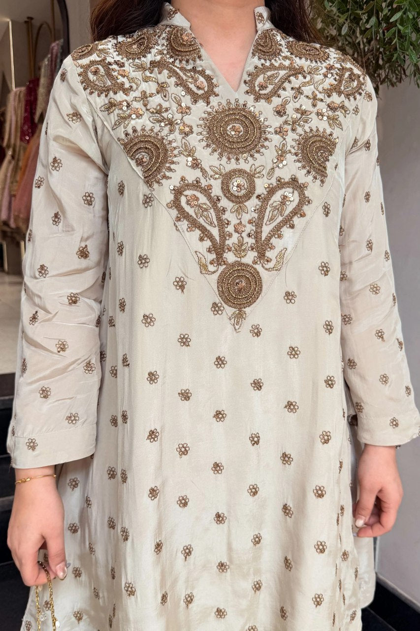 Women’s Ivory Embroidered Kurta Palazzo Set