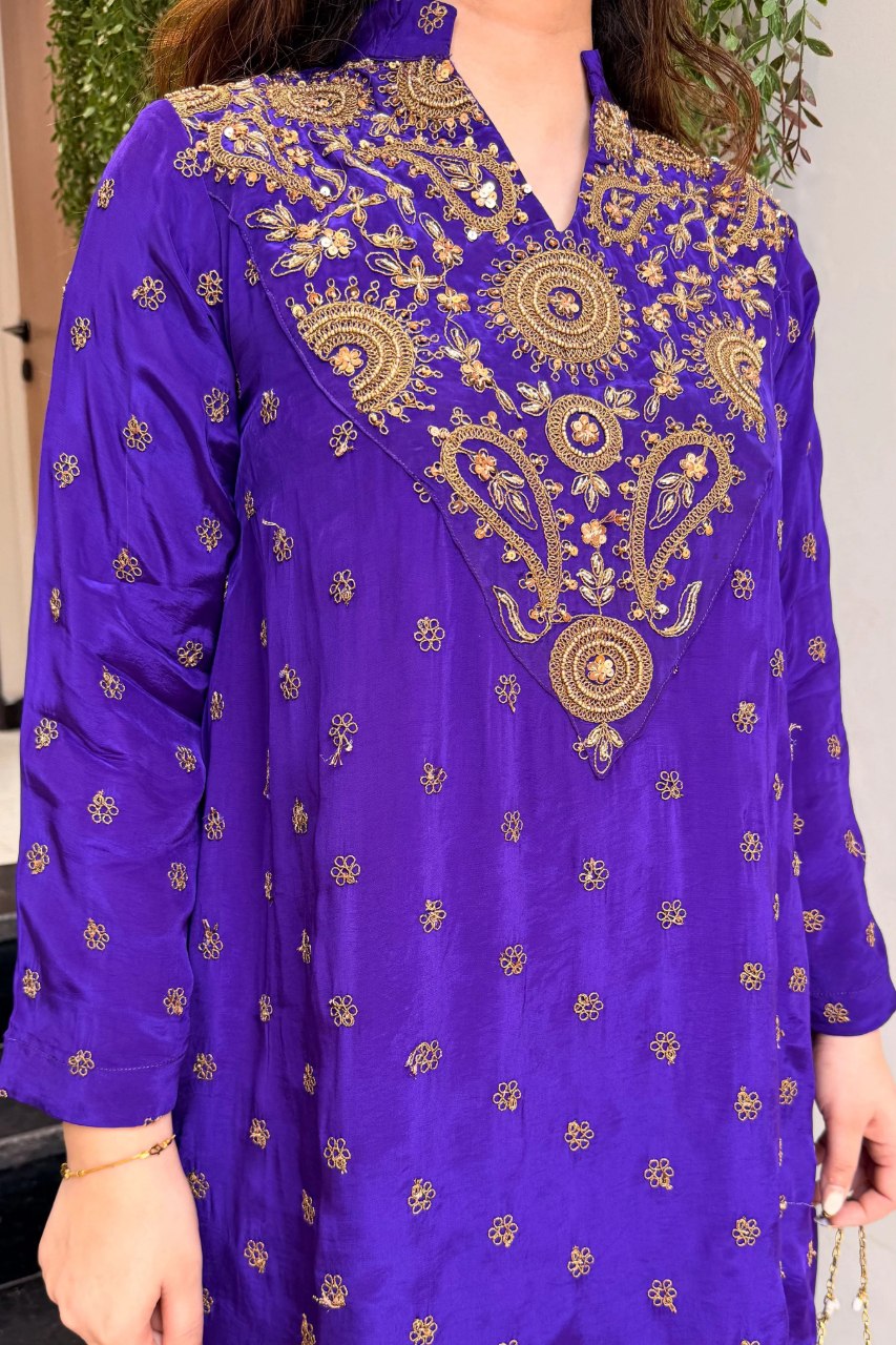 Women’s Purple Ivory Embroidered Kurta Palazzo Set