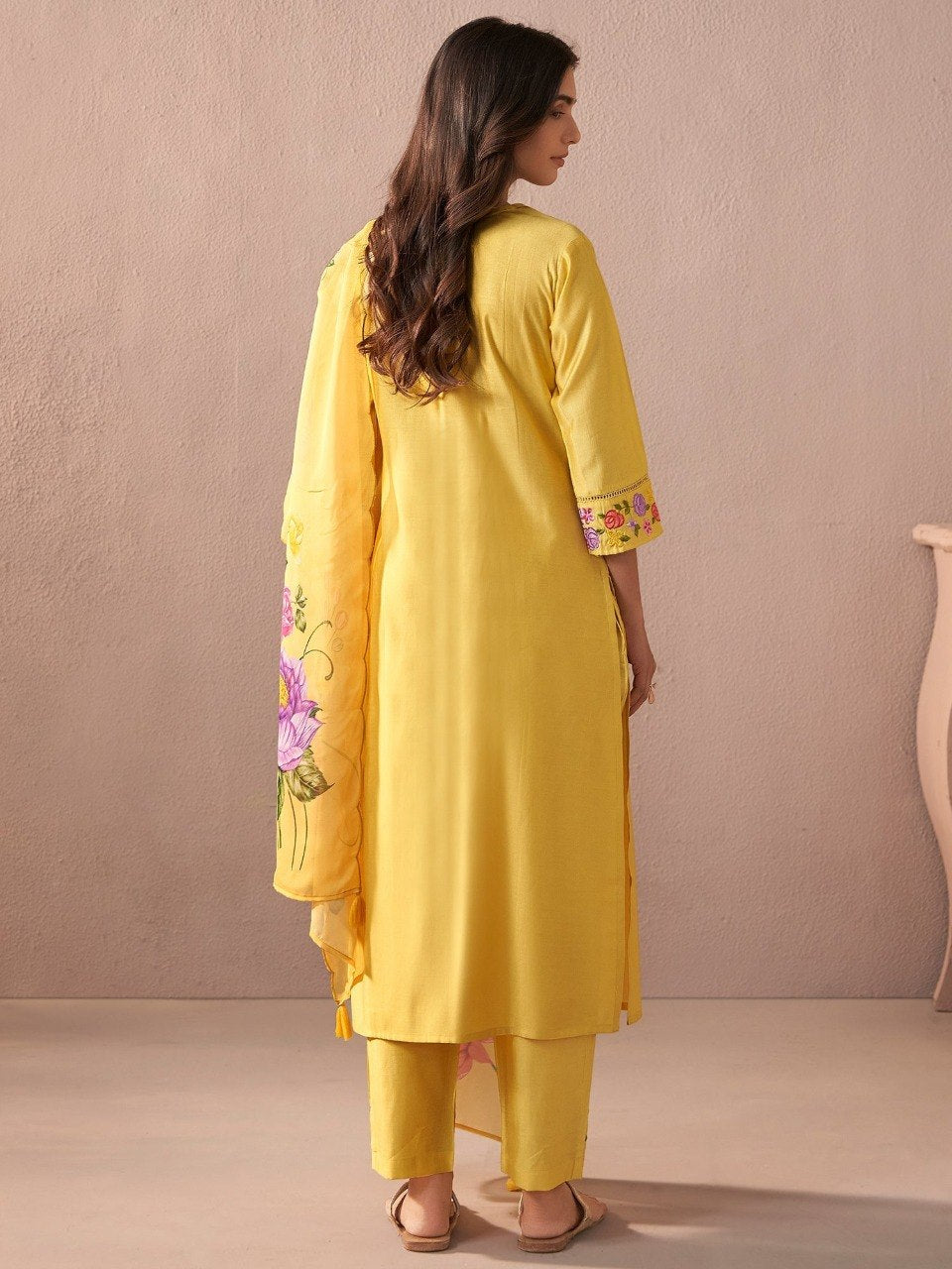 Yellow Embroidered Straight Kurta Trousers With Dupatta Set