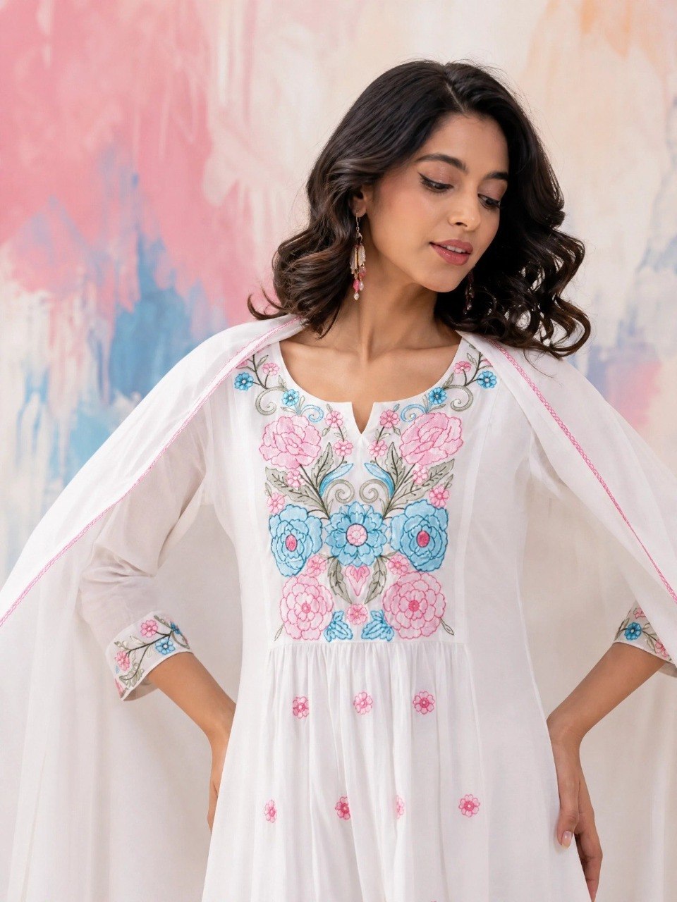 Adevira Off White Embroidered A-Line Kurta Trousers With Dupatta set