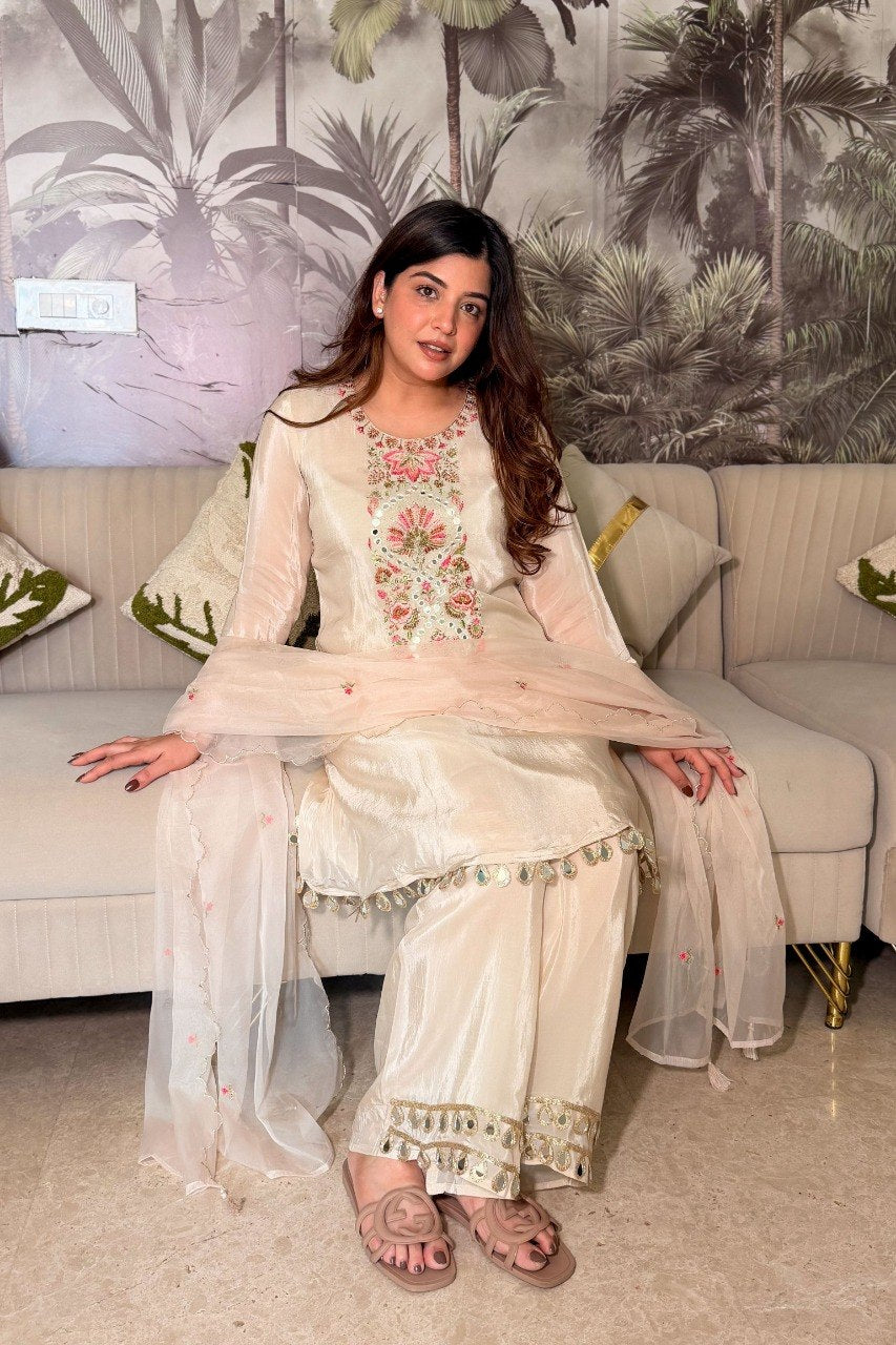 Adevira Chinon Embroidery Mirror Work Kurti With Bottom Dupatta