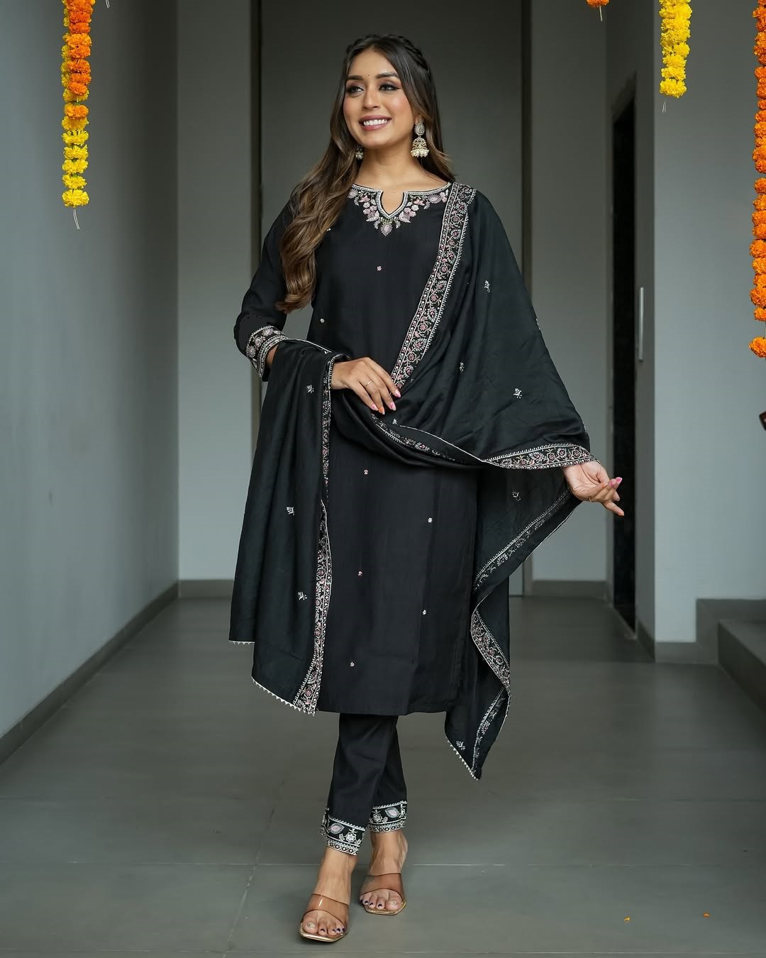 Adevira Ethnic Motifs Embroidered Black Suit