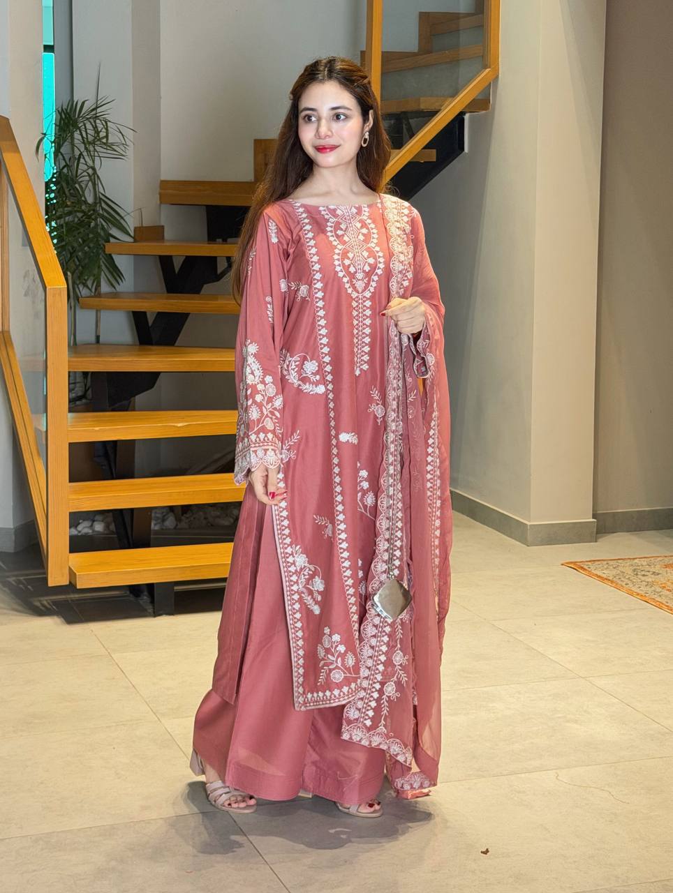 Onion Pink Embroidery Mul Chanderi Pakistani Suit