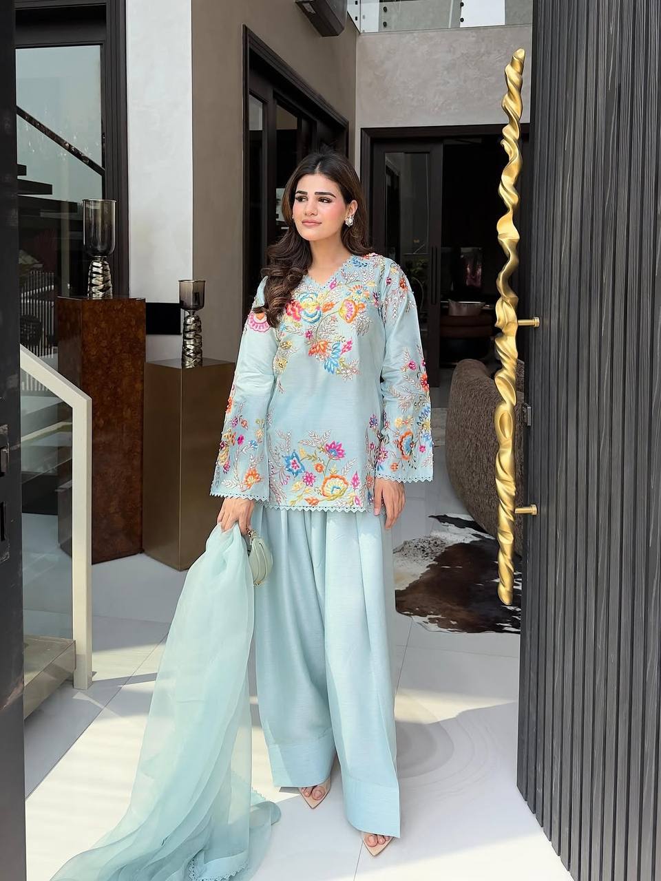 Embroidered Crepe Silk Suit in Sky Blue