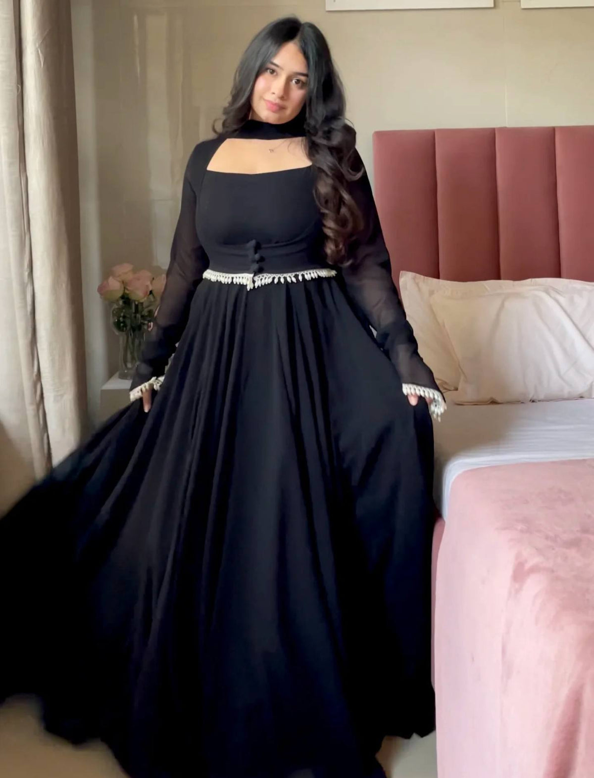 Black Flared Anarkali Gown with Elegant Square Neckline, Sheer Sleeves and Pearl