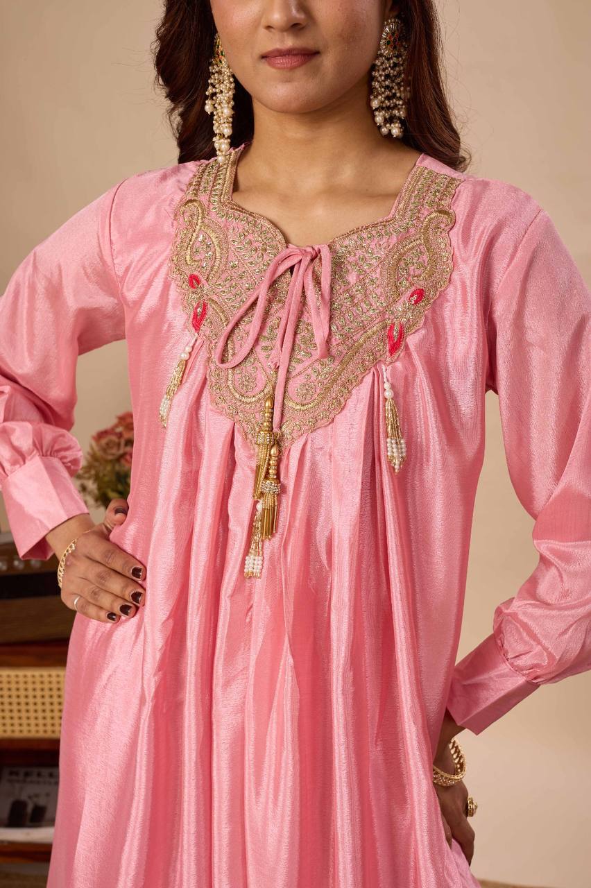 Peach Pure Chinon Kurti Sharara Set with Sequin Embroidery Work