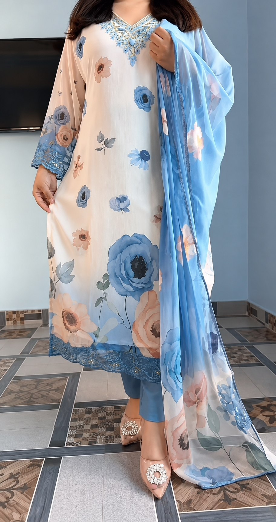 Eye catching White Blue Chiffon 3 Piece Suit Set