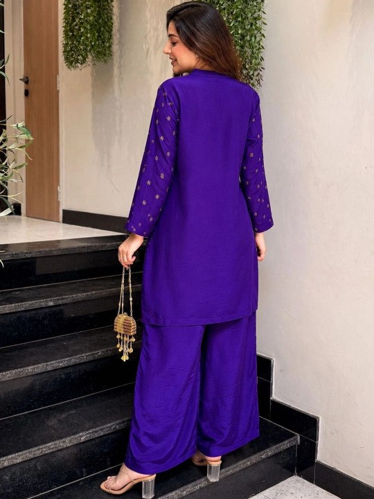 Women’s Purple Ivory Embroidered Kurta Palazzo Set