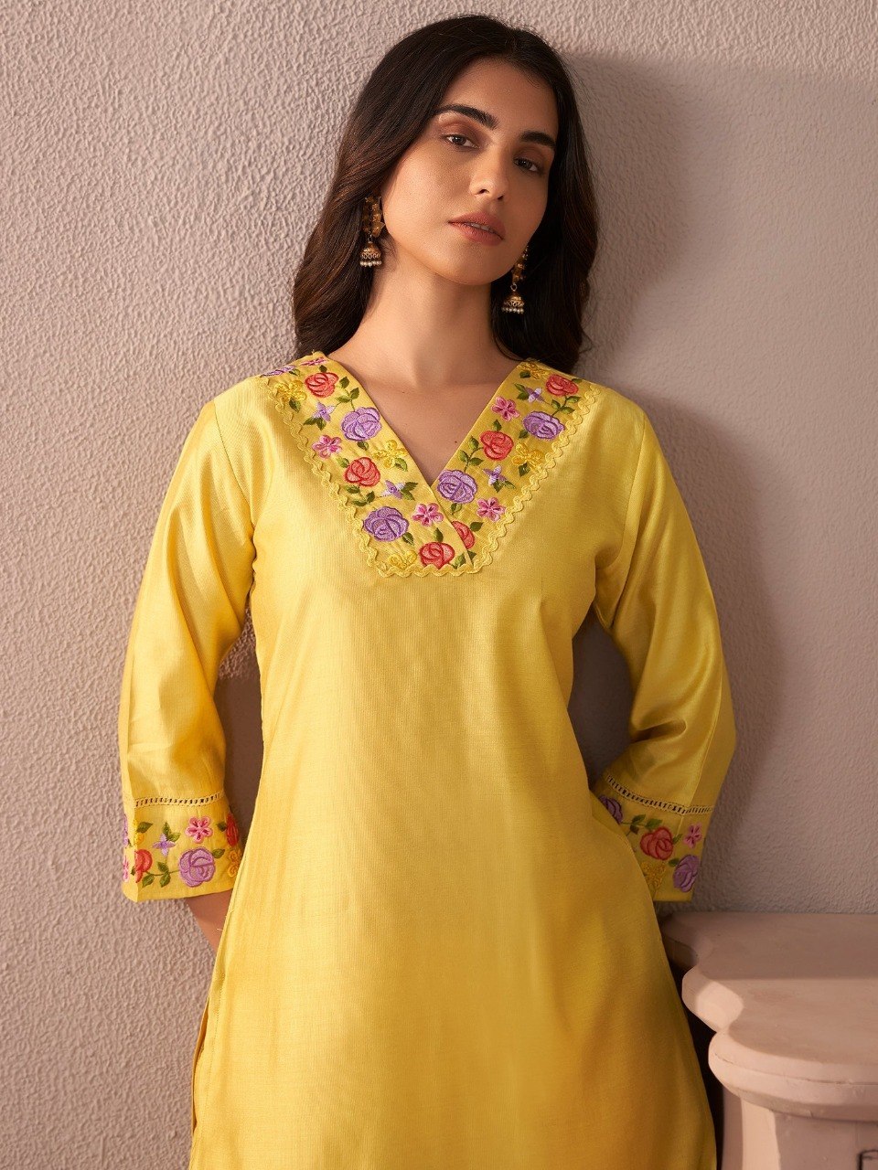 Yellow Embroidered Straight Kurta Trousers With Dupatta Set