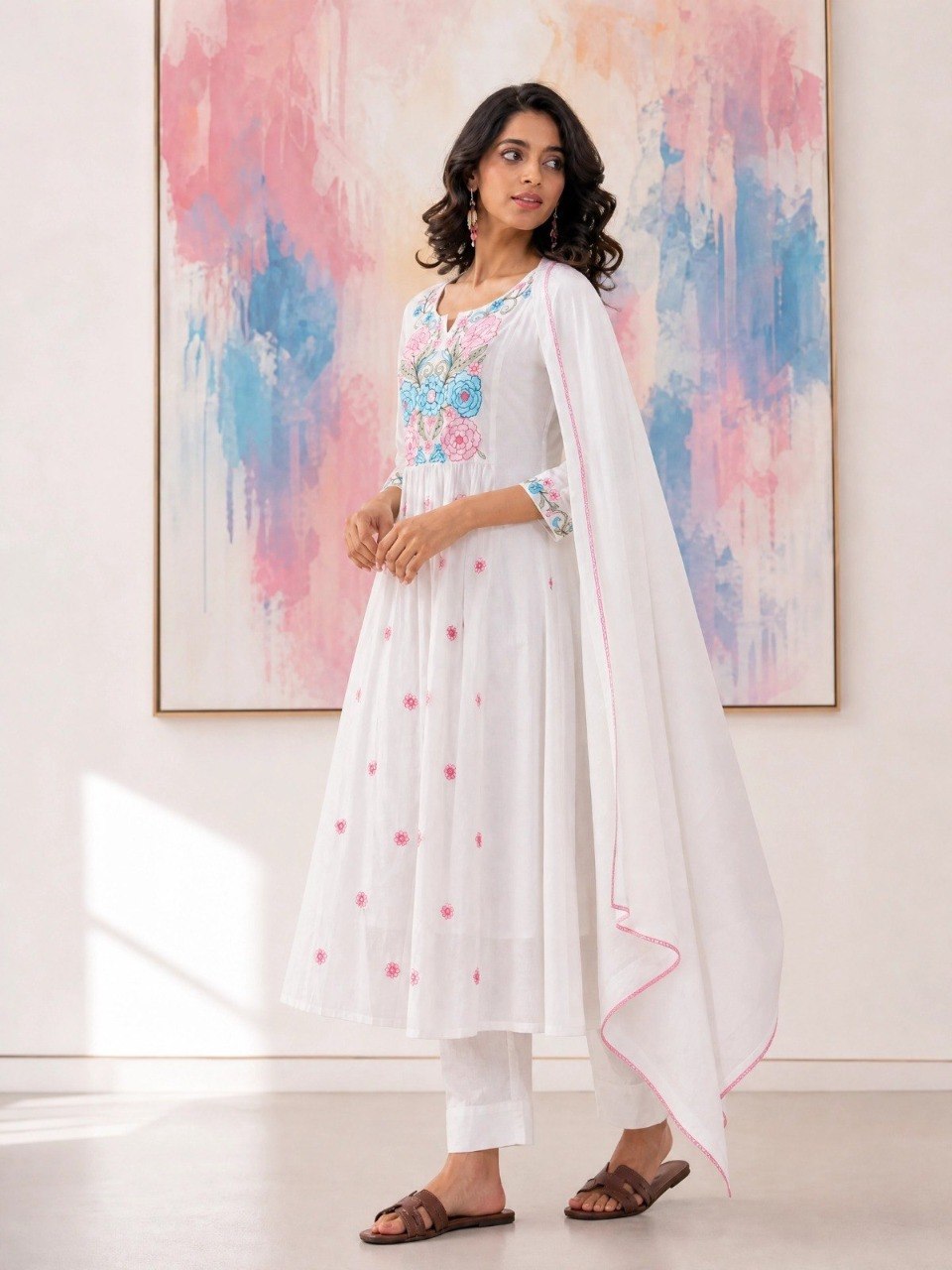 Adevira Off White Embroidered A-Line Kurta Trousers With Dupatta set