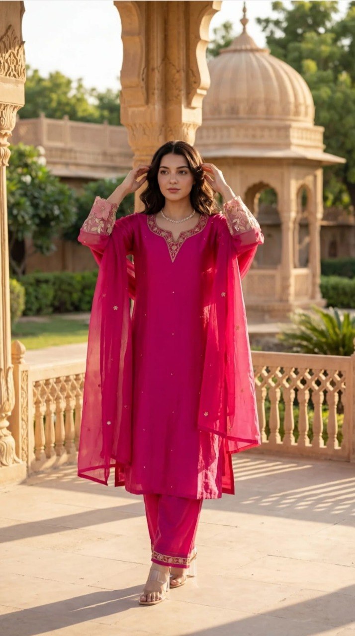 Adevira Ethnic Motifs Embroidered Kurta with Palazzos & Dupatta