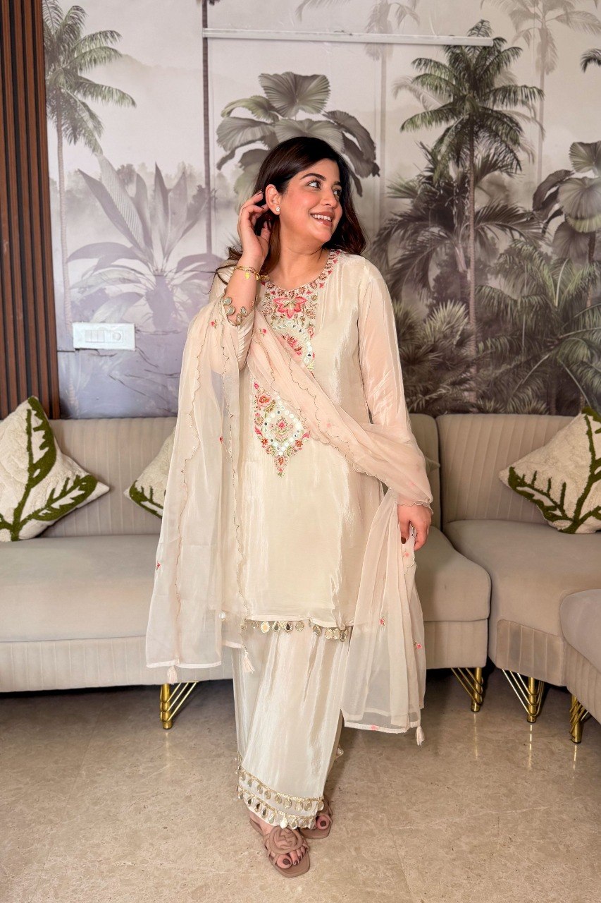 Adevira Chinon Embroidery Mirror Work Kurti With Bottom Dupatta
