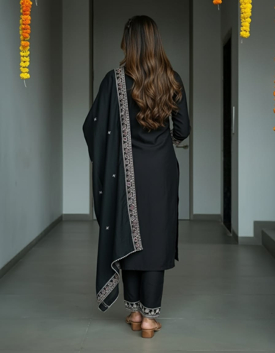 Adevira Ethnic Motifs Embroidered Black Suit