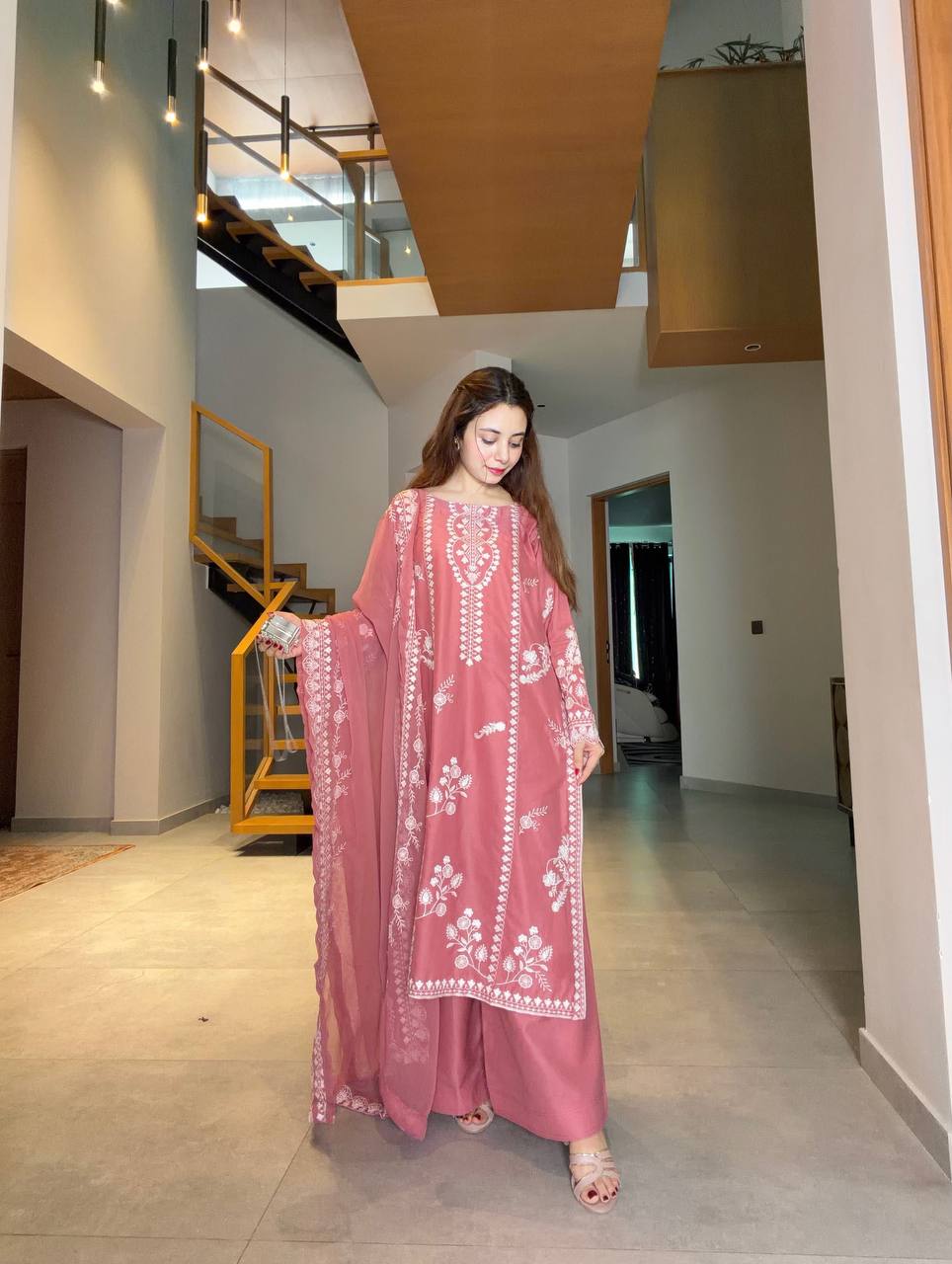 Onion Pink Embroidery Mul Chanderi Pakistani Suit