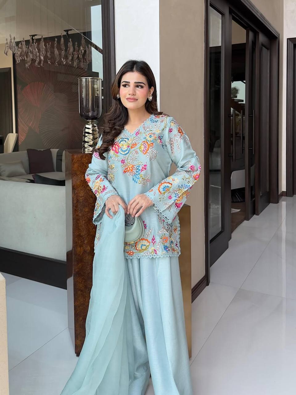 Embroidered Crepe Silk Suit in Sky Blue