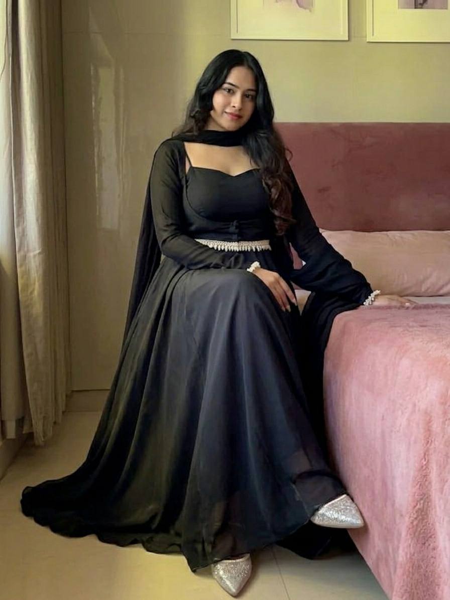 Black Flared Anarkali Gown with Elegant Square Neckline, Sheer Sleeves and Pearl
