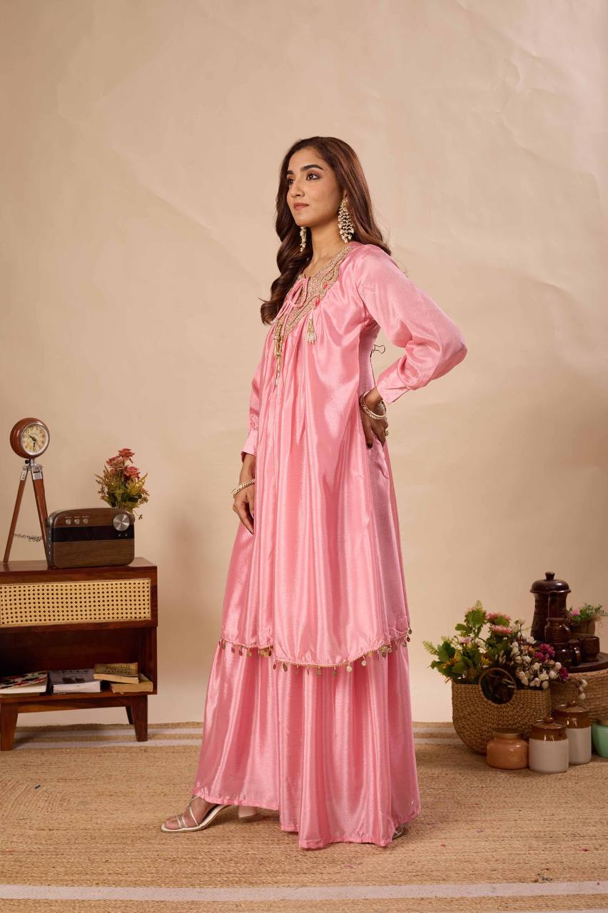 Peach Pure Chinon Kurti Sharara Set with Sequin Embroidery Work