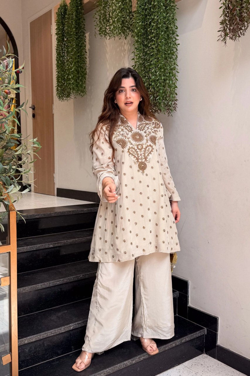 Women’s Ivory Embroidered Kurta Palazzo Set