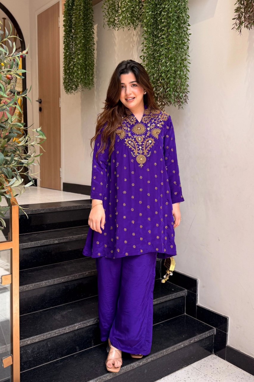 Women’s Purple Ivory Embroidered Kurta Palazzo Set