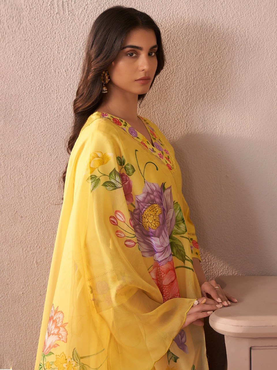 Yellow Embroidered Straight Kurta Trousers With Dupatta Set