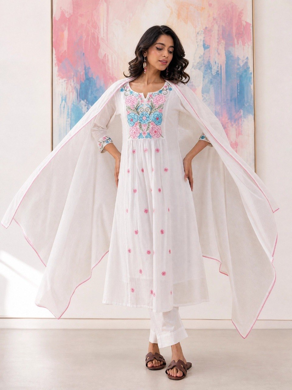 Adevira Off White Embroidered A-Line Kurta Trousers With Dupatta set