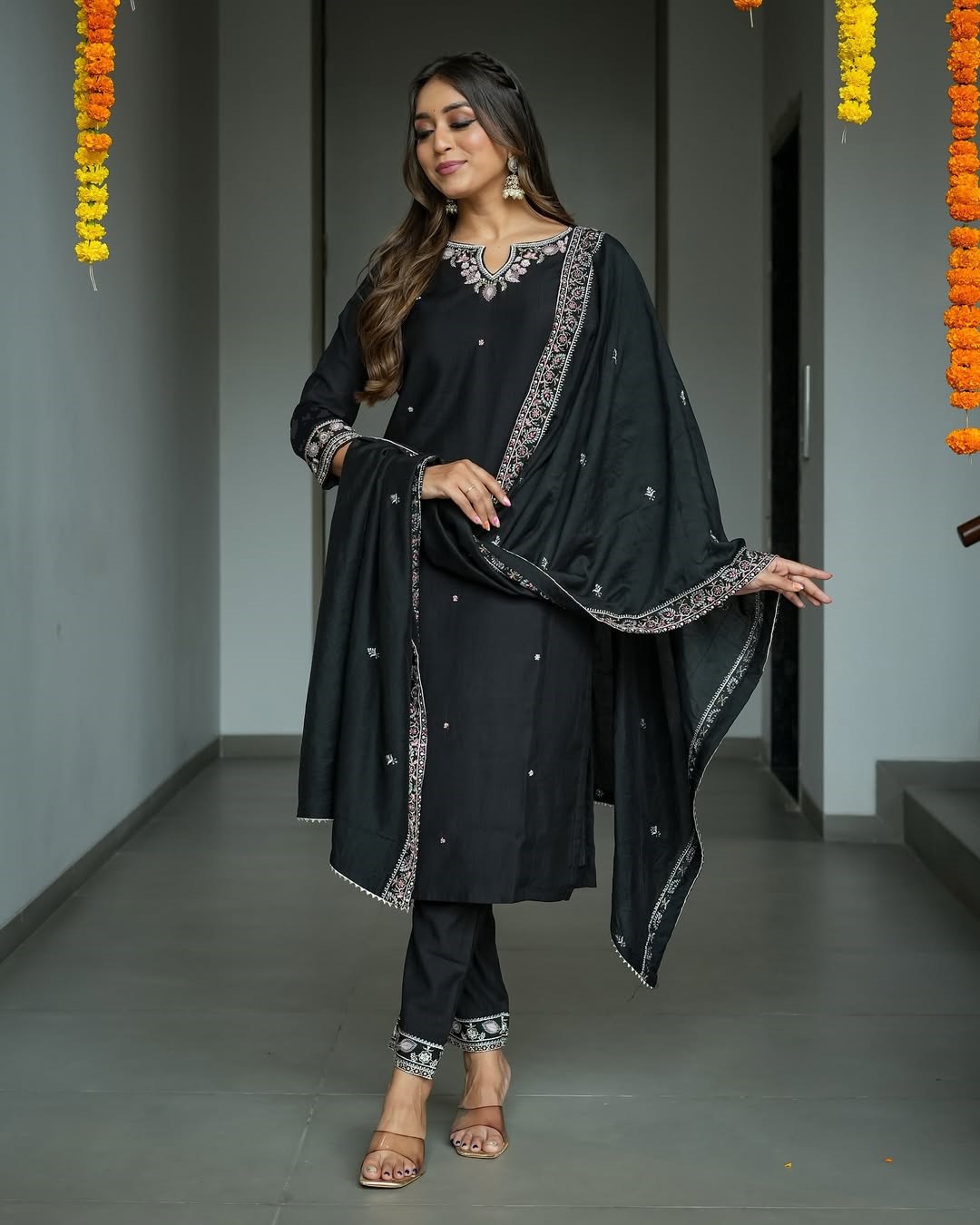 Adevira Ethnic Motifs Embroidered Black Suit