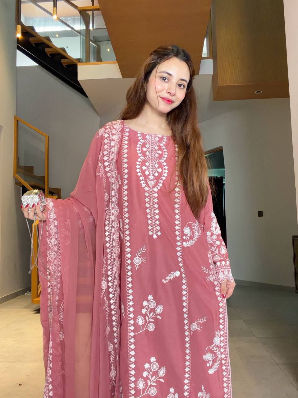 Onion Pink Embroidery Mul Chanderi Pakistani Suit