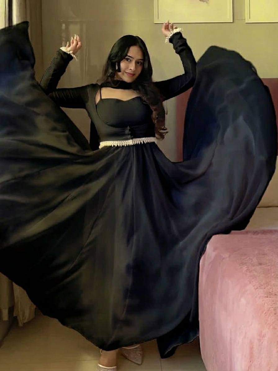 Black Flared Anarkali Gown with Elegant Square Neckline, Sheer Sleeves and Pearl
