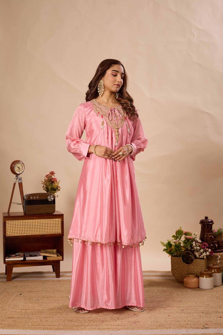 Peach Pure Chinon Kurti Sharara Set with Sequin Embroidery Work