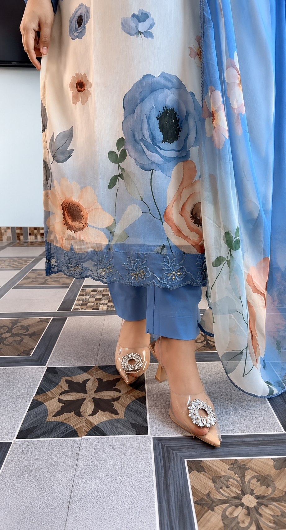 Eye catching White Blue Chiffon 3 Piece Suit Set