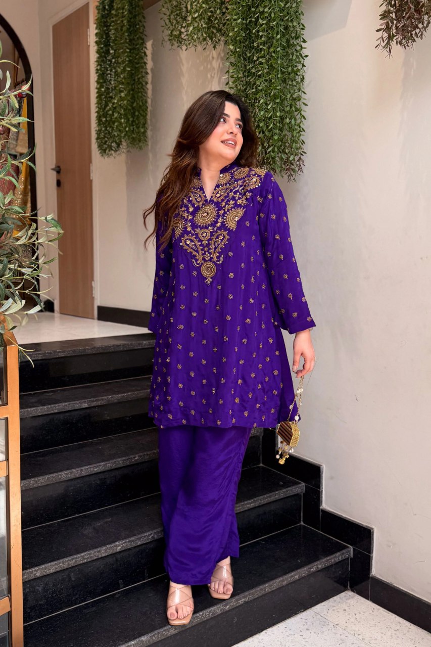 Women’s Purple Ivory Embroidered Kurta Palazzo Set
