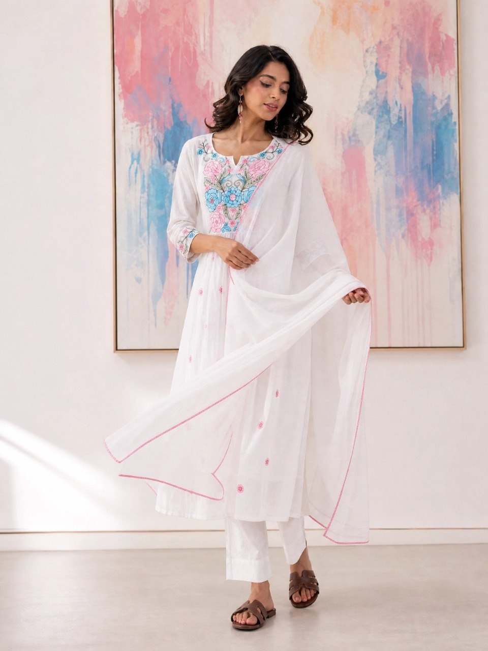 Adevira Off White Embroidered A-Line Kurta Trousers With Dupatta set